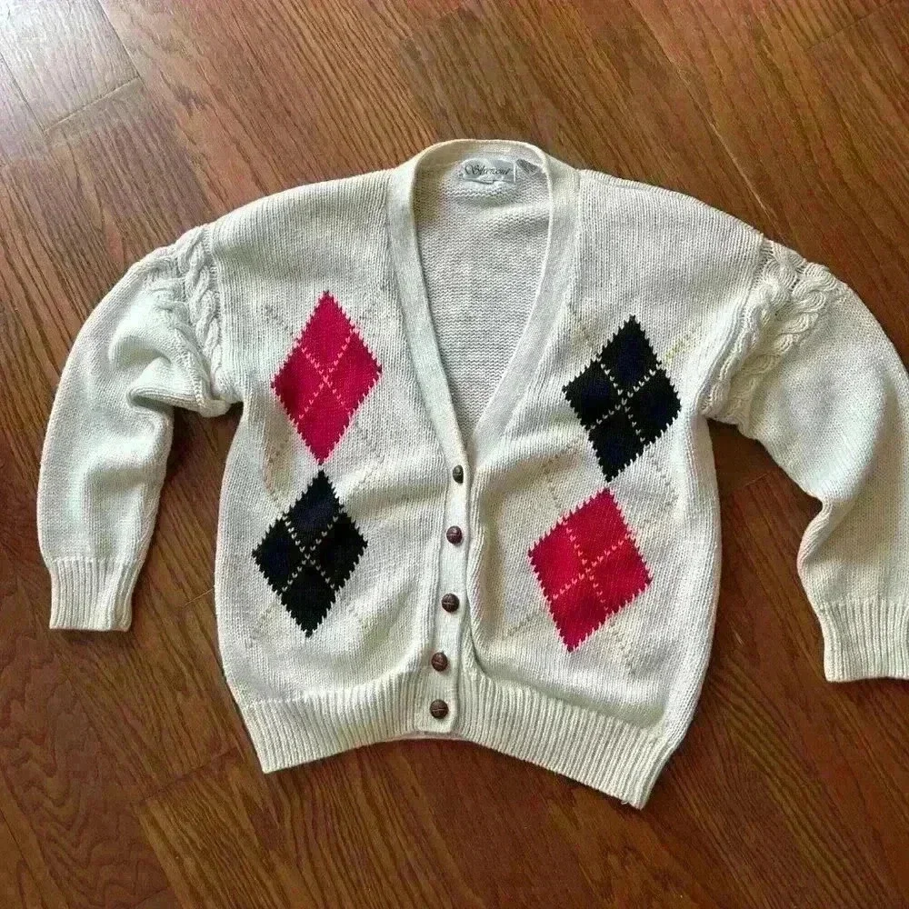 Vintage 90's Argyle Cardigan Sweater Shoulder Pads Country Club Prep size Large